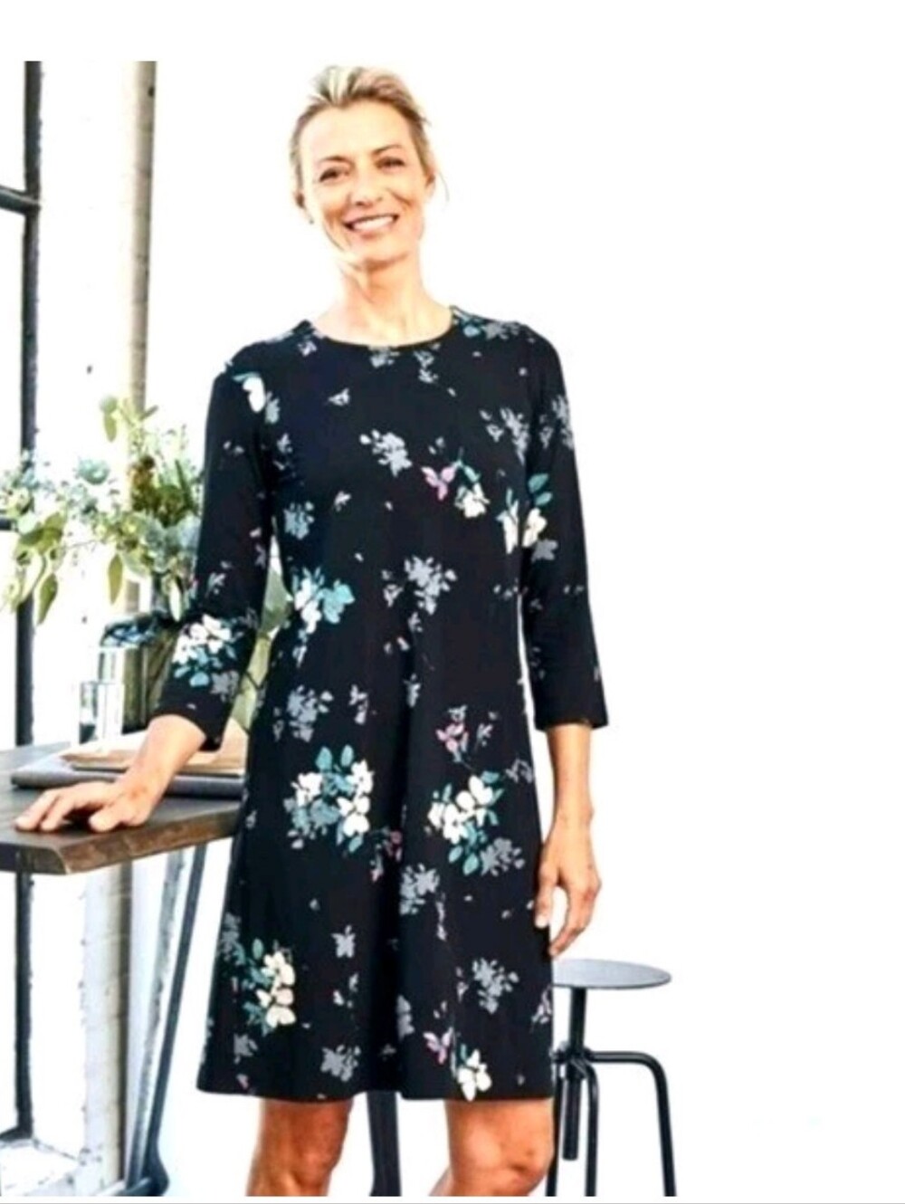 J.jill Wearever Collection Black Floral A-Line Dress with 3/4 Sleeves M petite.